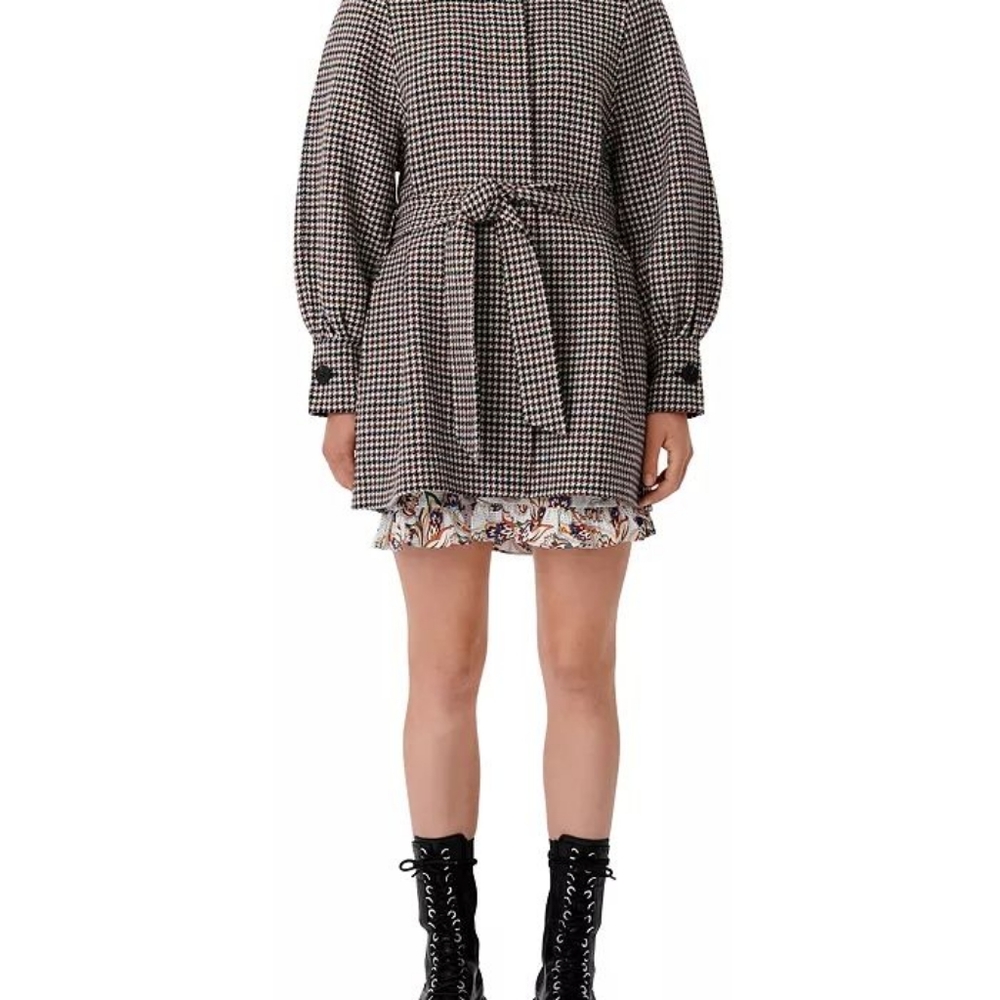 Maje Black & White Houndstooth Belted Coat